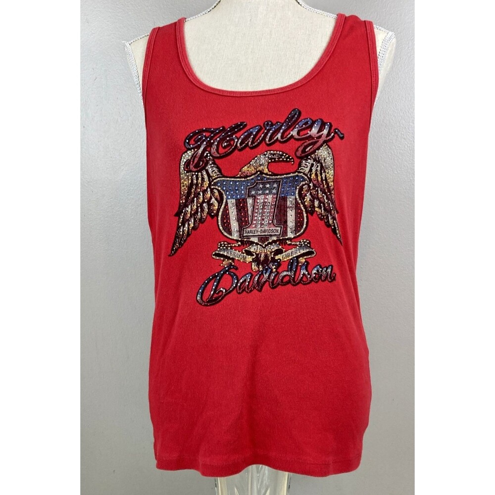 Harley Davidson Women’s Tank Top Size XL Red Motorcycles Bling Eagle Rhinestones